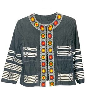 Anna Sui Black Denim Jacket, Fully Lined, Pockets,  Embroidery that Pops